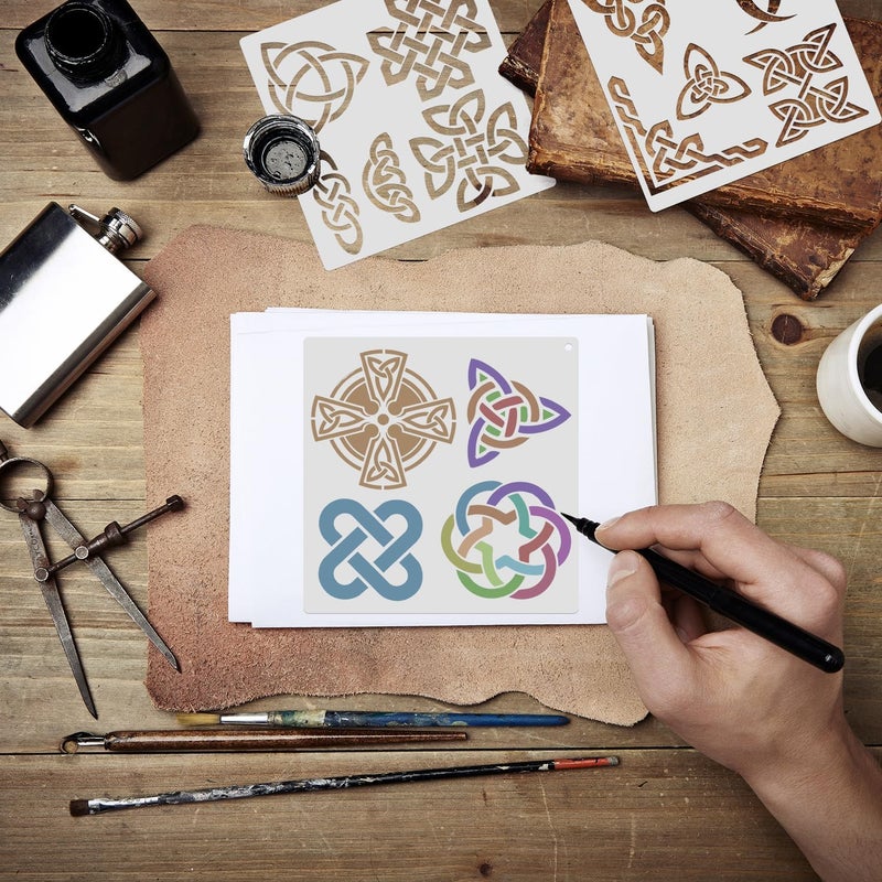 Resflyar 9 PCS Runes Stencils for Painting on Wood Stones, Reusable Celtic Border Ancient Viking Symbol Template for Crafts Canvas Furniture Wall Floor Drawing Card Making Pattern Decorative 7.9 x 7.9 Inch - Image 4